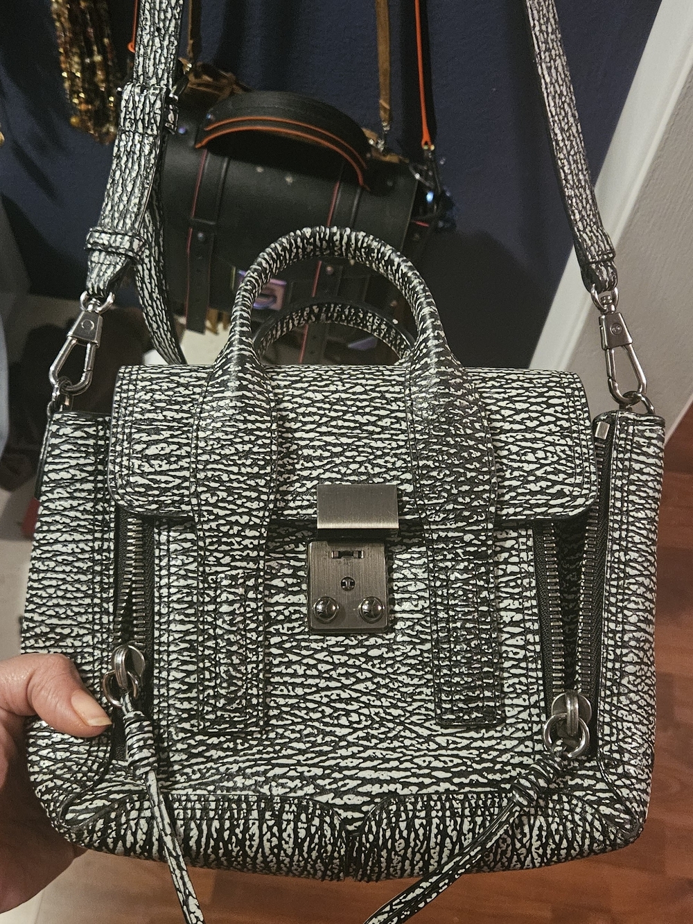 3.1 PHILLIP LIM PASHLI Textured Black & White Top-Handle Crossbody Leather Bag